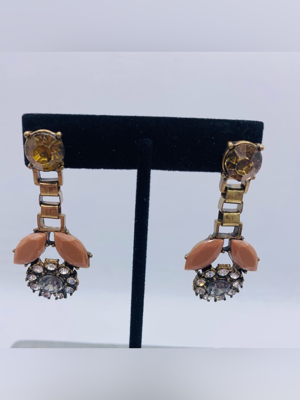 Brass Gold-Tone Smokey Crystal Drop Pierced Earrings Clear & Tan Rhinestone